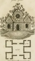 An illustration from Grotesque architecture, or, Rural amusement : consisting of plans, elevations, and sections, for huts, retreats, summer and winter hermitages, terminaries, Chinese, Gothic, and natural grottos, cascades, baths, mosques, Moresque pavilions, grotesque and rustic seats, green-houses, &c. many of which may be executed with flints, irregular sotnes, rude branches, and roots of trees : the whole containing twenty-eight new designs, with scales to each : to which is added, an explanation, with the methods of executing them (1815)