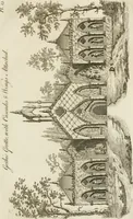 An illustration from Grotesque architecture, or, Rural amusement : consisting of plans, elevations, and sections, for huts, retreats, summer and winter hermitages, terminaries, Chinese, Gothic, and natural grottos, cascades, baths, mosques, Moresque pavilions, grotesque and rustic seats, green-houses, &c. many of which may be executed with flints, irregular sotnes, rude branches, and roots of trees : the whole containing twenty-eight new designs, with scales to each : to which is added, an explanation, with the methods of executing them (1815)