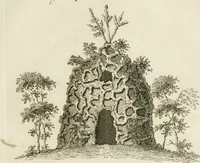An illustration from Grotesque architecture, or, Rural amusement : consisting of plans, elevations, and sections, for huts, retreats, summer and winter hermitages, terminaries, Chinese, Gothic, and natural grottos, cascades, baths, mosques, Moresque pavilions, grotesque and rustic seats, green-houses, &c. many of which may be executed with flints, irregular sotnes, rude branches, and roots of trees : the whole containing twenty-eight new designs, with scales to each : to which is added, an explanation, with the methods of executing them (1815)