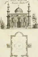 An illustration from Grotesque architecture, or, Rural amusement : consisting of plans, elevations, and sections, for huts, retreats, summer and winter hermitages, terminaries, Chinese, Gothic, and natural grottos, cascades, baths, mosques, Moresque pavilions, grotesque and rustic seats, green-houses, &c. many of which may be executed with flints, irregular sotnes, rude branches, and roots of trees : the whole containing twenty-eight new designs, with scales to each : to which is added, an explanation, with the methods of executing them (1815)