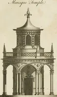 An illustration from Grotesque architecture, or, Rural amusement : consisting of plans, elevations, and sections, for huts, retreats, summer and winter hermitages, terminaries, Chinese, Gothic, and natural grottos, cascades, baths, mosques, Moresque pavilions, grotesque and rustic seats, green-houses, &c. many of which may be executed with flints, irregular sotnes, rude branches, and roots of trees : the whole containing twenty-eight new designs, with scales to each : to which is added, an explanation, with the methods of executing them (1815)
