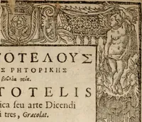 An illustration from Aristotelous technēs rētorikēs, biblia tria = Aristotelis de rhetorica seu arte dicendi libri tres, græcolat. : contextu græco, ad exemplaria selectiora emendato : latino, paraphrasi, vbi opus, intertexto : vtroque, etiam in particulas distincto : margini interiori, adscriptis locis authoris, exipso citatis, vel en parallēlo similibus : exteriori, adposita analytica methodo, cuius tabulæ synopticæ, in sua loca distributæ (1619)