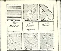 An illustration from Armorial des principales maisons et familles du royaume, particulierement des celles de Paris et de l'Isle de France : contenant les armes des princes, seigneurs, grands officiers de la couronne & de la maison du roi, celles des cours souveraines, &c. avec l'explication de tous les blasons (1757)