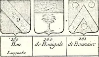 An illustration from Armorial des principales maisons et familles du royaume, particulierement des celles de Paris et de l'Isle de France : contenant les armes des princes, seigneurs, grands officiers de la couronne & de la maison du roi, celles des cours souveraines, &c. avec l'explication de tous les blasons (1757)