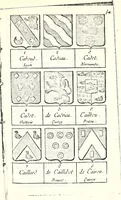 An illustration from Armorial des principales maisons et familles du royaume, particulierement des celles de Paris et de l'Isle de France : contenant les armes des princes, seigneurs, grands officiers de la couronne & de la maison du roi, celles des cours souveraines, &c. avec l'explication de tous les blasons (1757)