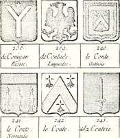 An illustration from Armorial des principales maisons et familles du royaume, particulierement des celles de Paris et de l'Isle de France : contenant les armes des princes, seigneurs, grands officiers de la couronne & de la maison du roi, celles des cours souveraines, &c. avec l'explication de tous les blasons (1757)