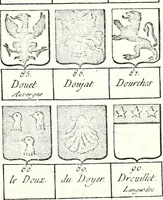 An illustration from Armorial des principales maisons et familles du royaume, particulierement des celles de Paris et de l'Isle de France : contenant les armes des princes, seigneurs, grands officiers de la couronne & de la maison du roi, celles des cours souveraines, &c. avec l'explication de tous les blasons (1757)