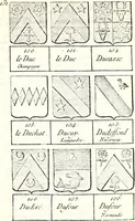 An illustration from Armorial des principales maisons et familles du royaume, particulierement des celles de Paris et de l'Isle de France : contenant les armes des princes, seigneurs, grands officiers de la couronne & de la maison du roi, celles des cours souveraines, &c. avec l'explication de tous les blasons (1757)