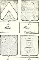 An illustration from Armorial des principales maisons et familles du royaume, particulierement des celles de Paris et de l'Isle de France : contenant les armes des princes, seigneurs, grands officiers de la couronne & de la maison du roi, celles des cours souveraines, &c. avec l'explication de tous les blasons (1757)