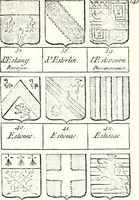 An illustration from Armorial des principales maisons et familles du royaume, particulierement des celles de Paris et de l'Isle de France : contenant les armes des princes, seigneurs, grands officiers de la couronne & de la maison du roi, celles des cours souveraines, &c. avec l'explication de tous les blasons (1757)