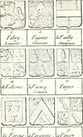 An illustration from Armorial des principales maisons et familles du royaume, particulierement des celles de Paris et de l'Isle de France : contenant les armes des princes, seigneurs, grands officiers de la couronne & de la maison du roi, celles des cours souveraines, &c. avec l'explication de tous les blasons (1757)