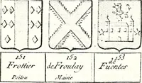 An illustration from Armorial des principales maisons et familles du royaume, particulierement des celles de Paris et de l'Isle de France : contenant les armes des princes, seigneurs, grands officiers de la couronne & de la maison du roi, celles des cours souveraines, &c. avec l'explication de tous les blasons (1757)