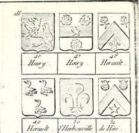 An illustration from Armorial des principales maisons et familles du royaume, particulierement des celles de Paris et de l'Isle de France : contenant les armes des princes, seigneurs, grands officiers de la couronne & de la maison du roi, celles des cours souveraines, &c. avec l'explication de tous les blasons (1757)