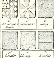 An illustration from Armorial des principales maisons et familles du royaume, particulierement des celles de Paris et de l'Isle de France : contenant les armes des princes, seigneurs, grands officiers de la couronne & de la maison du roi, celles des cours souveraines, &c. avec l'explication de tous les blasons (1757)