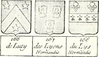 An illustration from Armorial des principales maisons et familles du royaume, particulierement des celles de Paris et de l'Isle de France : contenant les armes des princes, seigneurs, grands officiers de la couronne & de la maison du roi, celles des cours souveraines, &c. avec l'explication de tous les blasons (1757)