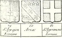 An illustration from Armorial des principales maisons et familles du royaume, particulierement des celles de Paris et de l'Isle de France : contenant les armes des princes, seigneurs, grands officiers de la couronne & de la maison du roi, celles des cours souveraines, &c. avec l'explication de tous les blasons (1757)