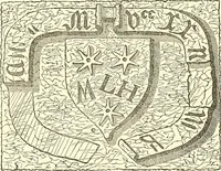 An illustration from Armorial of Jersey : being an account, heraldic and antiquarian, of its chief native families, with pedigrees, biographical notices, and illustrative data; to which are added, a brief history of heraldry, and remarks on the mediæval antiquities of the island (1859)