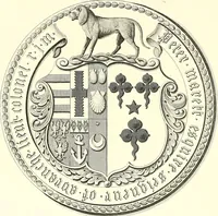 An illustration from Armorial of Jersey : being an account, heraldic and antiquarian, of its chief native families, with pedigrees, biographical notices, and illustrative data; to which are added, a brief history of heraldry, and remarks on the mediæval antiquities of the island (1859)