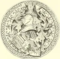 An illustration from Armorial of Jersey : being an account, heraldic and antiquarian, of its chief native families, with pedigrees, biographical notices, and illustrative data; to which are added, a brief history of heraldry, and remarks on the mediæval antiquities of the island (1859)