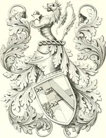 An illustration from Armorial of Jersey : being an account, heraldic and antiquarian, of its chief native families, with pedigrees, biographical notices, and illustrative data; to which are added, a brief history of heraldry, and remarks on the mediæval antiquities of the island (1859)