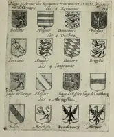 An illustration from Armorial vniuersel, contenant les armes des principales maisons, estatz, et dignitez, des plus considerables royaumes de l'Europe. Blazonnées de leurs métaux & couleurs et enrichies de leurs ornemens exterieurs (1654)