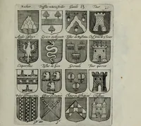 An illustration from Armorial vniuersel, contenant les armes des principales maisons, estatz, et dignitez, des plus considerables royaumes de l'Europe. Blazonnées de leurs métaux & couleurs et enrichies de leurs ornemens exterieurs (1654)