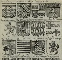 An illustration from Armorial vniuersel, contenant les armes des principales maisons, estatz, et dignitez, des plus considerables royaumes de l'Europe. Blazonnées de leurs métaux & couleurs et enrichies de leurs ornemens exterieurs (1654)