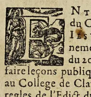 An illustration from Arrest de la Cour de Parlement donné les Grand chambre, Tournelle & de l'Edict assemblees le 22. decembre 1611, en la cause d'entre les prestres & escholiers du College de Clermont, soy disans iesuites: et les recteur, doyens & supposts de l'Vniuersité de Paris. Auquel est inseré le Sommaire du plaidoyé de Messire Louys Servin ... (1618)