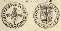 An illustration from Arrest de la Covr des monnoyes portãt deffẽces d'exposer prẽdre & receuoir en payement les pieces estrangeres d'escriees par le dernier Edict, & autres nouuellement introduictes & fabrique dõt les empraintes sont cyaptes declares. (1617)
