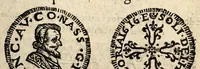 An illustration from Arrest de la Covr des monnoyes portãt deffẽces d'exposer prẽdre & receuoir en payement les pieces estrangeres d'escriees par le dernier Edict, & autres nouuellement introduictes & fabrique dõt les empraintes sont cyaptes declares. (1617)