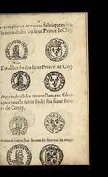 An illustration from Arrest de la Covr des monnoyes portãt deffẽces d'exposer prẽdre & receuoir en payement les pieces estrangeres d'escriees par le dernier Edict, & autres nouuellement introduictes & fabrique dõt les empraintes sont cyaptes declares. (1617)