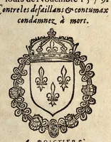 An illustration from Arrestz de la Covrt des Grandz Iovrs seant en la ville de Poictiers, donnez les sept & quatorziesme iours de Nouembre 1579. Contre les defaillans & contumax condamnez à mort. (1579)