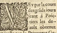 An illustration from Arrestz de la Covrt des Grandz Iovrs seant en la ville de Poictiers, donnez les sept & quatorziesme iours de Nouembre 1579. Contre les defaillans & contumax condamnez à mort. (1579)
