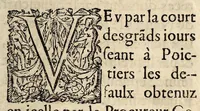 An illustration from Arrestz de la Covrt des Grandz Iovrs seant en la ville de Poictiers, donnez les sept & quatorziesme iours de Nouembre 1579. Contre les defaillans & contumax condamnez à mort. (1579)