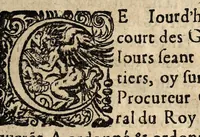 An illustration from Arrestz de la Covrt des Grandz Iovrs seant en la ville de Poictiers, donnez les sept & quatorziesme iours de Nouembre 1579. Contre les defaillans & contumax condamnez à mort. (1579)