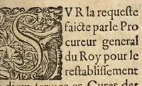 An illustration from Arrestz de la Covrt des Grandz Iovrs seant en la ville de Poictiers dõnez le septieme iour de Nouẽbre, 1579. Sur le faict des benefices, cures, hospitaulx, aulmosneries, maladeries estant du ressort desdict Grandz Iours. (1579)