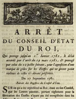 An illustration from Arrêt du Conseil d'État du roi, qui proroge jusqu'au 1er. janvier 1782, le délai accordé par l'arrêt du 19 mars 1781, & prorogé par celui du 12 juillet suivant, pour l'apposition d'une marque de grâce sur les étoffes qui ne seront point revêtues de celles ci-devant prescrites : du 27 septembre 1781 : extrait des registres du Conseil d'État (1781)
