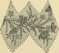 An illustration from Art needlework. A complete manual of embroidery in silks and crewels, with full instructions as to stitches, materials, and implements. Containing also a large number of original designs and a handsome coloured design for crewel work (1882)