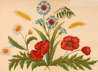 An illustration from Art needlework. A complete manual of embroidery in silks and crewels, with full instructions as to stitches, materials, and implements. Containing also a large number of original designs and a handsome coloured design for crewel work (1882)