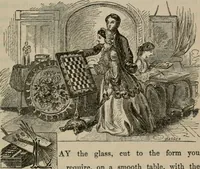 An illustration from Art recreations; being a complete guide to pencil drawing, oil painting, water-color painting, crayon drawing and painting, painting on ground glass, Grecian painting, antique painting, oriental painting, sign painting, theorem painting, ferneries, moss work, papier mache, cone work, feather flowers, potichomanie, leather work, hair work, taxidermy, gilding and bronzing, plaster work, decalcomanie, wax work, shell work, magic lantern, paper flowers, imitation of pearl, the aquqrium, sealing-wax painting, panorama painting, coloring photographs, enamel painting, etc. (1873)