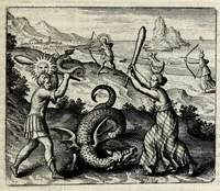 An illustration from Atalanta fugiens, hoc est, Emblemata nova de secretis naturae chymica : accomodata partim oculis & intellectui, figuris cupro incisis, adjectisque sententiis, epigrammatis & notis, partim auribus & recreationi animi plus minus 50 fugis musicalibus trium vocum, quarum duae ad unam simplicem melodiam distichis canendis peraptam, correspondeant, non abs[que] singulari jucunditate videnda, legenda, meditanda, intelligenda, dijudicanda, canenda & audienda (1618)