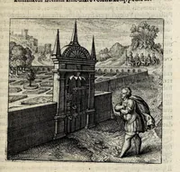 An illustration from Atalanta fugiens, hoc est, Emblemata nova de secretis naturae chymica : accomodata partim oculis & intellectui, figuris cupro incisis, adjectisque sententiis, epigrammatis & notis, partim auribus & recreationi animi plus minus 50 fugis musicalibus trium vocum, quarum duae ad unam simplicem melodiam distichis canendis peraptam, correspondeant, non abs[que] singulari jucunditate videnda, legenda, meditanda, intelligenda, dijudicanda, canenda & audienda (1618)