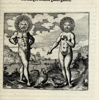An illustration from Atalanta fugiens, hoc est, Emblemata nova de secretis naturae chymica : accomodata partim oculis & intellectui, figuris cupro incisis, adjectisque sententiis, epigrammatis & notis, partim auribus & recreationi animi plus minus 50 fugis musicalibus trium vocum, quarum duae ad unam simplicem melodiam distichis canendis peraptam, correspondeant, non abs[que] singulari jucunditate videnda, legenda, meditanda, intelligenda, dijudicanda, canenda & audienda (1618)