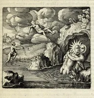 An illustration from Atalanta fugiens, hoc est, Emblemata nova de secretis naturae chymica : accomodata partim oculis & intellectui, figuris cupro incisis, adjectisque sententiis, epigrammatis & notis, partim auribus & recreationi animi plus minus 50 fugis musicalibus trium vocum, quarum duae ad unam simplicem melodiam distichis canendis peraptam, correspondeant, non abs[que] singulari jucunditate videnda, legenda, meditanda, intelligenda, dijudicanda, canenda & audienda (1618)