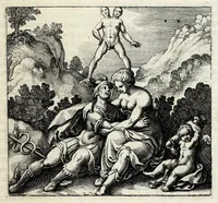 An illustration from Atalanta fugiens, hoc est, Emblemata nova de secretis naturae chymica : accomodata partim oculis & intellectui, figuris cupro incisis, adjectisque sententiis, epigrammatis & notis, partim auribus & recreationi animi plus minus 50 fugis musicalibus trium vocum, quarum duae ad unam simplicem melodiam distichis canendis peraptam, correspondeant, non abs[que] singulari jucunditate videnda, legenda, meditanda, intelligenda, dijudicanda, canenda & audienda (1618)