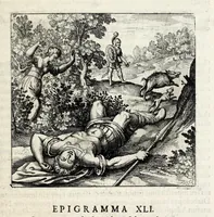 Picture 25 of 30 from Atalanta fugiens, hoc est, Emblemata nova de secretis naturae chymica : accomodata partim oculis & intellectui, figuris cupro incisis, adjectisque sententiis, epigrammatis & notis, partim auribus & recreationi animi plus minus 50 fugis musicalibus trium vocum, quarum duae ad unam simplicem melodiam distichis canendis peraptam, correspondeant, non abs[que] singulari jucunditate videnda, legenda, meditanda, intelligenda, dijudicanda, canenda & audienda (1618), leaf 181