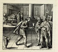An illustration from Atalanta fugiens, hoc est, Emblemata nova de secretis naturae chymica : accomodata partim oculis & intellectui, figuris cupro incisis, adjectisque sententiis, epigrammatis & notis, partim auribus & recreationi animi plus minus 50 fugis musicalibus trium vocum, quarum duae ad unam simplicem melodiam distichis canendis peraptam, correspondeant, non abs[que] singulari jucunditate videnda, legenda, meditanda, intelligenda, dijudicanda, canenda & audienda (1618)