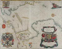 An illustration from Atlas maritimus, or A book of charts : Describeing the sea coasts capes headlands sands shoals rocks and dangers the bayes roads harbors rivers and ports, in most of the knowne parts of the world. With the true courses and distances, from one place to another : Gathered from the latest and best discoveryes, that have bin made by divers able and experienced navigators of our English nation : Accomodated with an hydrographicall description of the whole world (1672)
