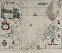 Picture 11 of 40 from Atlas maritimus, or A book of charts : Describeing the sea coasts capes headlands sands shoals rocks and dangers the bayes roads harbors rivers and ports, in most of the knowne parts of the world. With the true courses and distances, from one place to another : Gathered from the latest and best discoveryes, that have bin made by divers able and experienced navigators of our English nation : Accomodated with an hydrographicall description of the whole world (1672), leaf 38