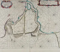 An illustration from Atlas maritimus, or A book of charts : Describeing the sea coasts capes headlands sands shoals rocks and dangers the bayes roads harbors rivers and ports, in most of the knowne parts of the world. With the true courses and distances, from one place to another : Gathered from the latest and best discoveryes, that have bin made by divers able and experienced navigators of our English nation : Accomodated with an hydrographicall description of the whole world (1672)